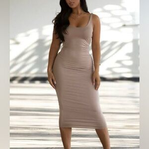 Fashion Nova Elegant Beige Midi Dress